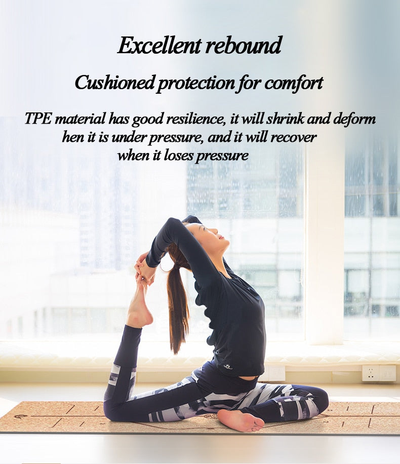 Natural Cork TPE Yoga Mat For Fitness With Position Body Line